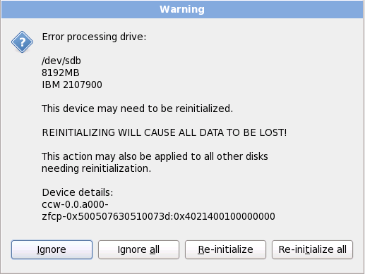 Warning screen – initializing FCP LUN